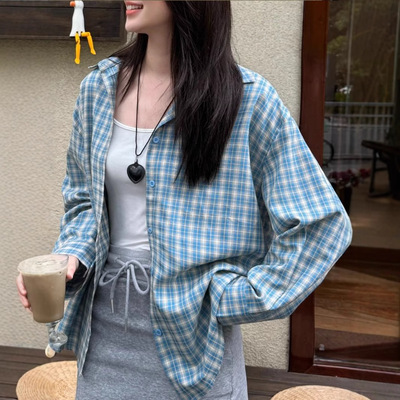 复古格子长袖衬衫外套女装夏季慵懒风减龄少女感宽松开衫格纹