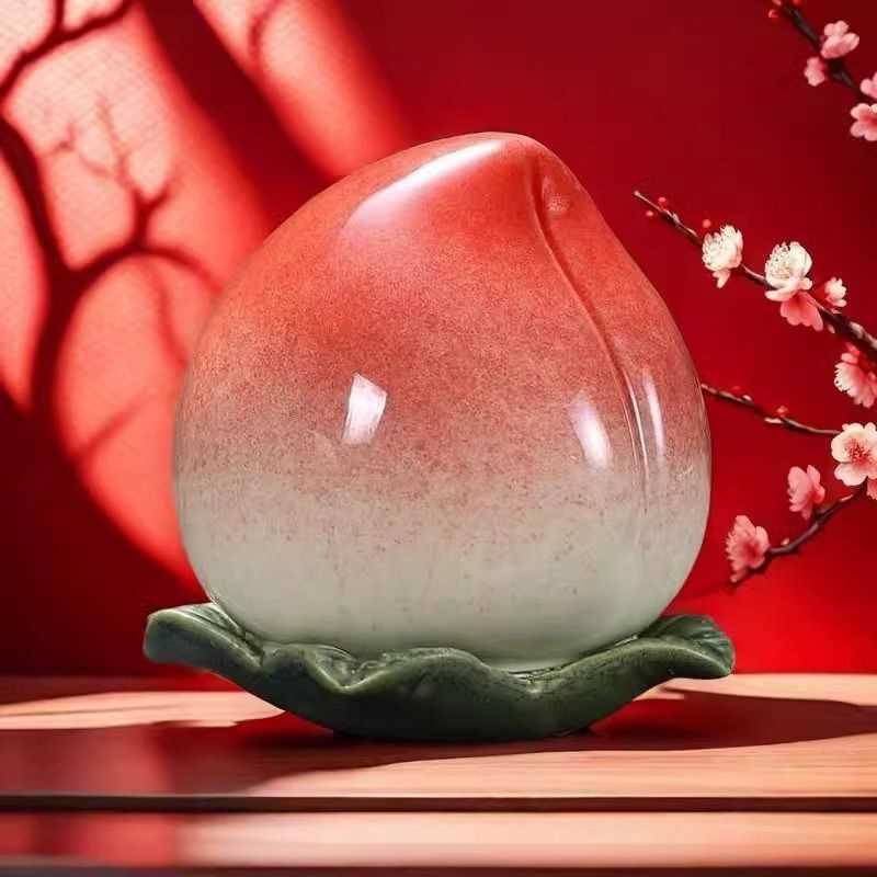 创意陶瓷桃子茶叶罐简约装饰摆件老人生日寿桃祝寿礼物存储密封罐