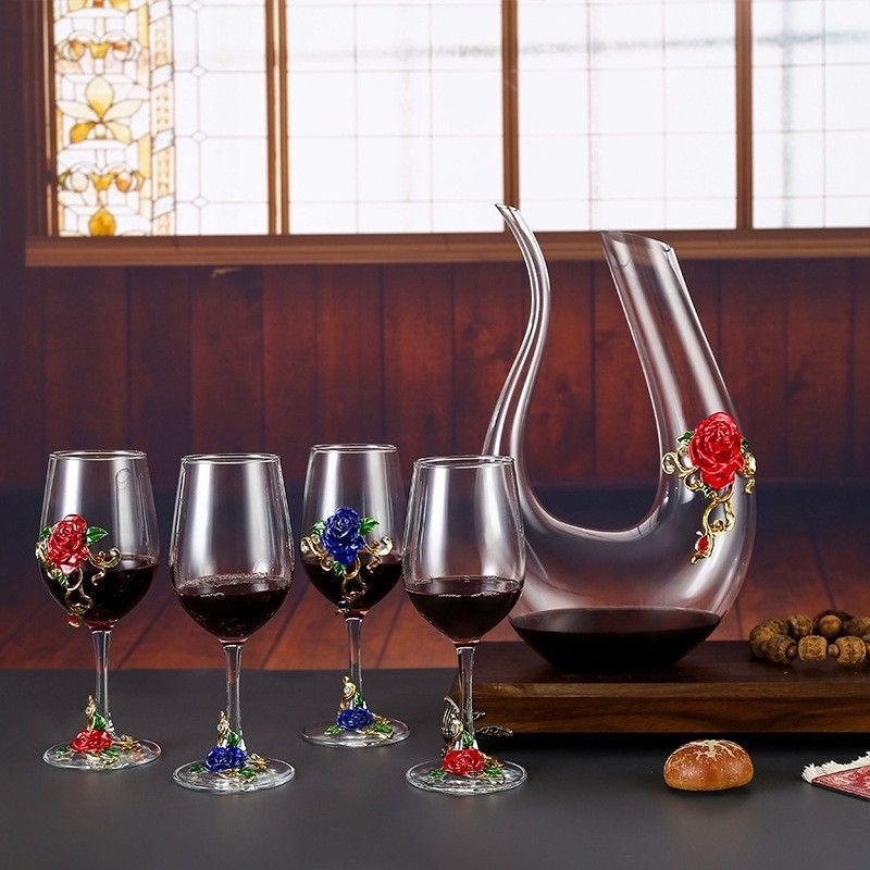 家用珐琅彩水晶玻璃红酒杯高脚杯 欧式大号2支套装创意无铅醒酒器