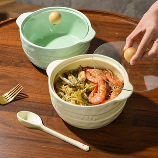 陶瓷泡面碗防摔带盖网红学生宿舍家用加勺筷子汤碗双耳大容量个性