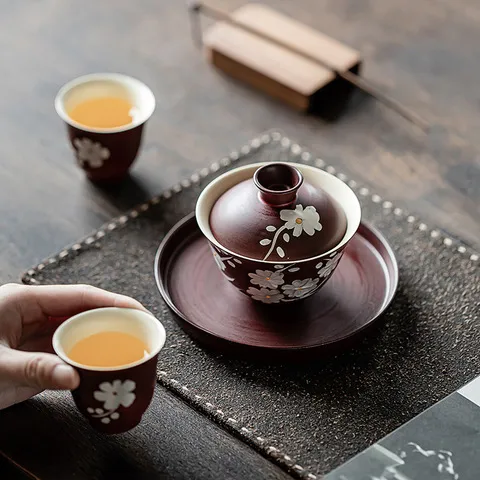 三才功夫茶具粉引盖碗泡茶碗红手绘家用盖碗银防烫山楂复古单个梅