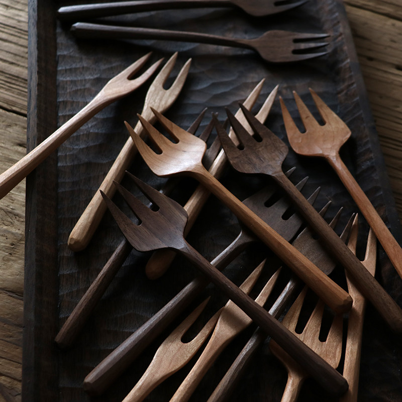 不凡木逸 日式黑胡桃长柄木叉子餐厅甜品叉无漆家用水果叉无漆