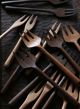 不凡木逸 日式黑胡桃长柄木叉子餐厅甜品叉无漆家用水果叉无漆