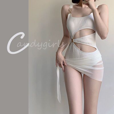Candygirls性感小胸显瘦连体泳衣女露腰修身白色纯欲泳装温泉性感