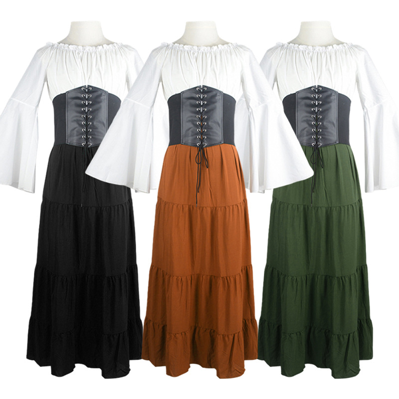 欧美复古中世纪喇叭袖连衣裙cosplay文艺复兴维多利亚长裙女