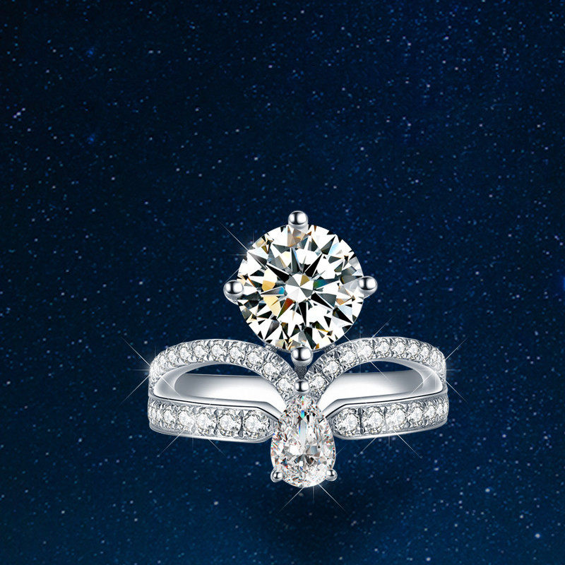 pt950铂金美国进口d色莫桑石王冠水滴公主方钻戒小众设计双层戒指