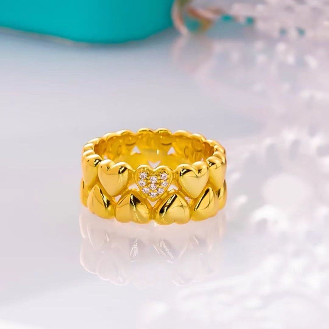 新款18K黄金莫桑石微镶爱心戒指时尚大气简约指环设计感女纯银
