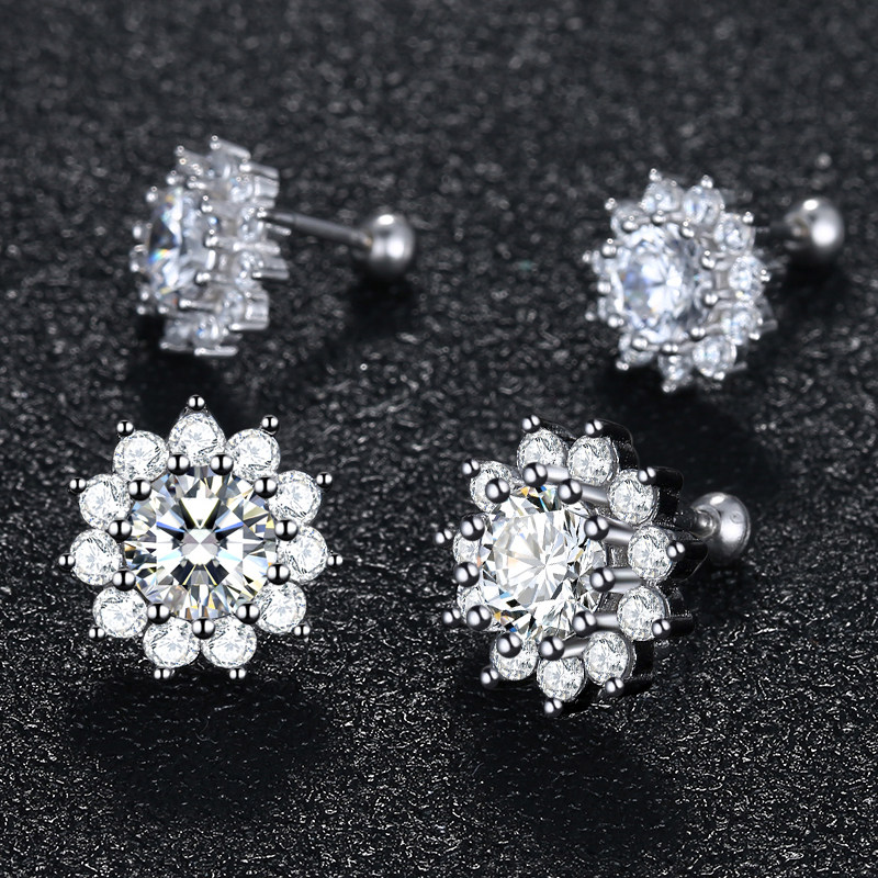 18K玫瑰金D色莫桑钻石太阳花耳坠耳圈PT950铂金50分螺丝耳钉