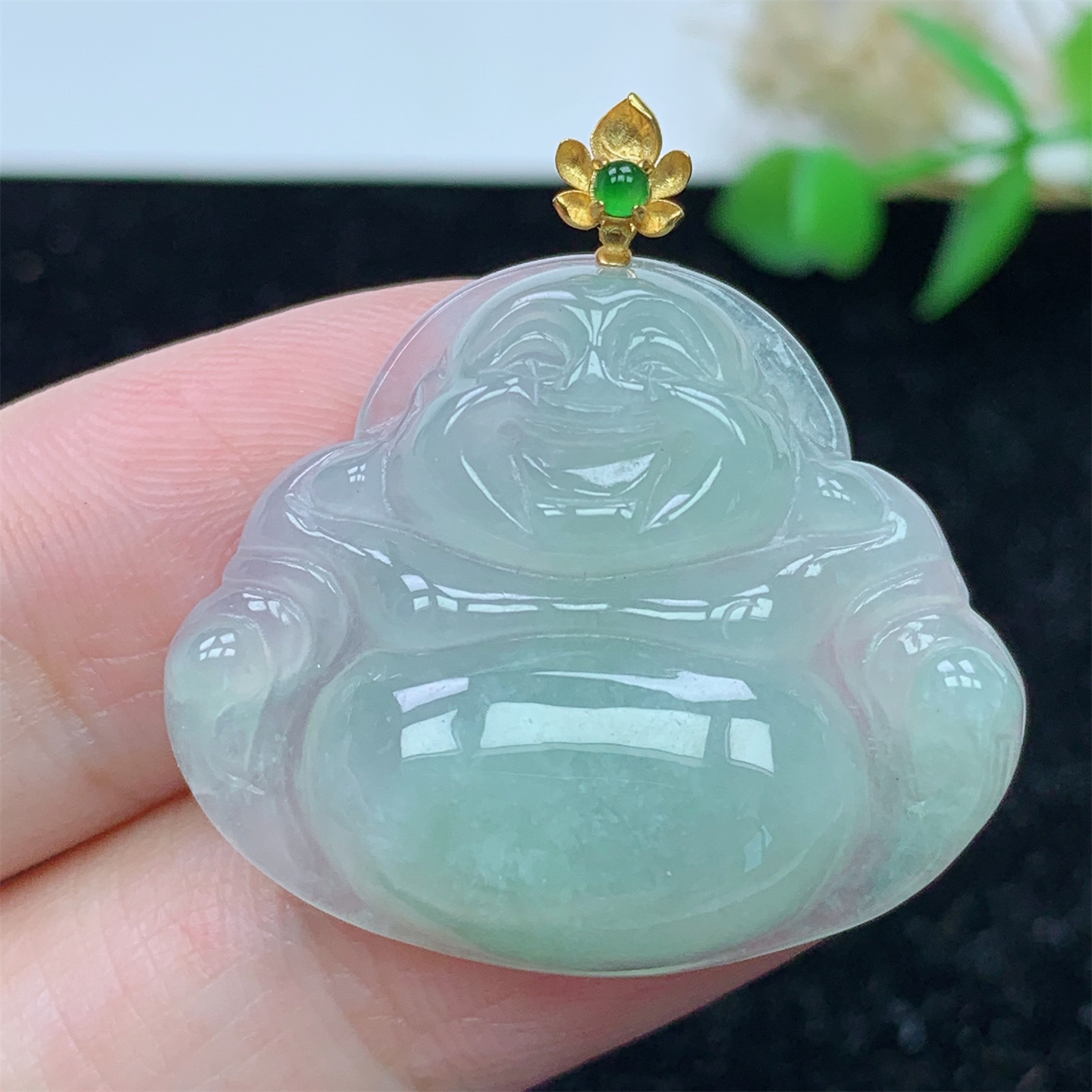 18K金镶缅甸A货翡翠冰种满绿佛公