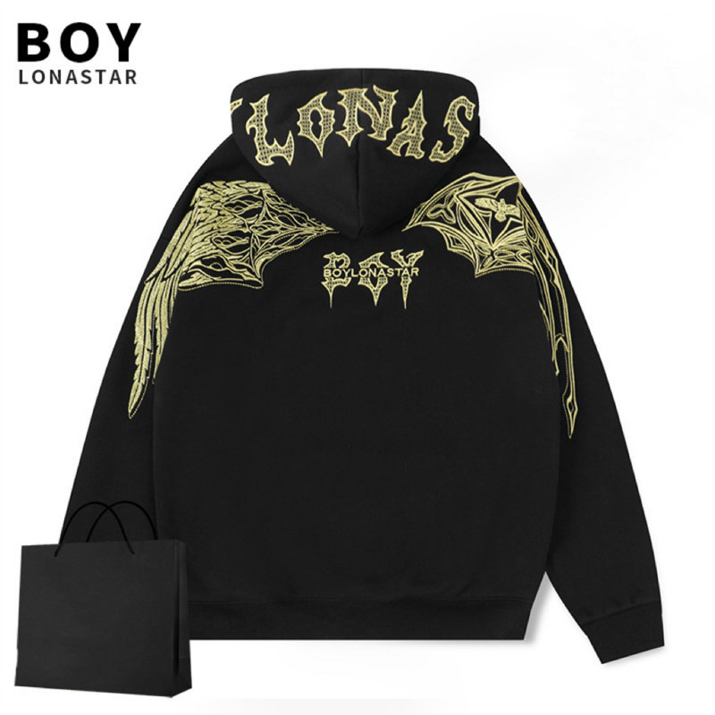 BOY LONASTAR24春新款男女潮牌老鹰刺绣休闲连帽宽松情侣套头卫衣