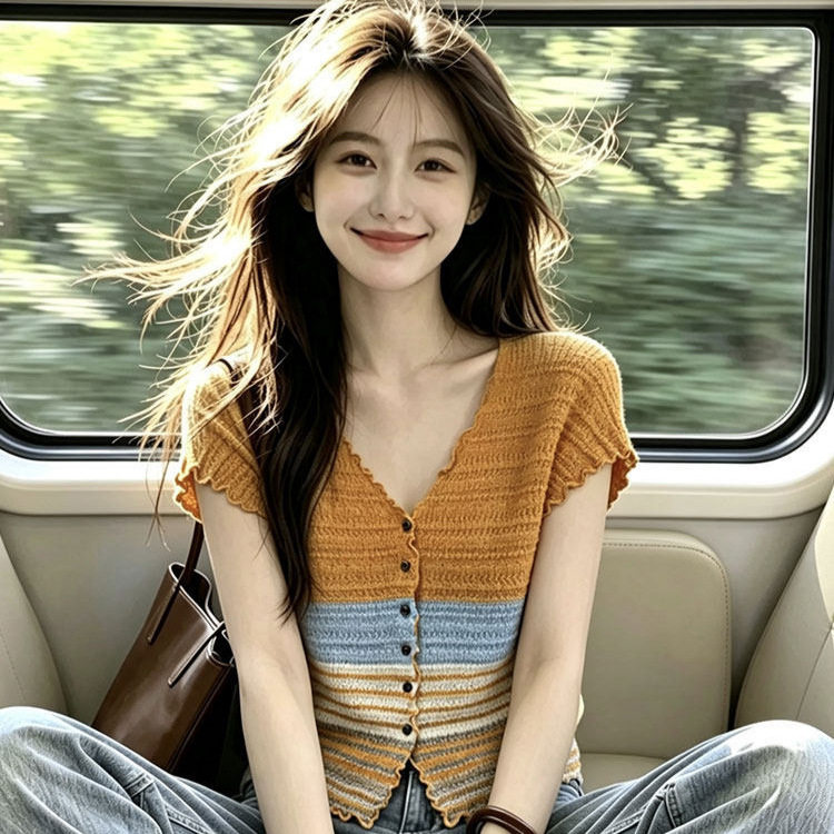 条纹v领木耳边短袖针织衫女2026夏季新款设计感独特漂亮修身上衣
