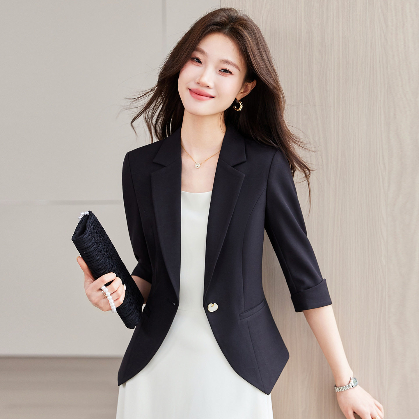 黑色七分袖薄款西装外套女2026春夏新款气质休闲职业西服