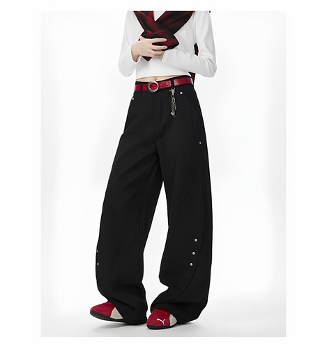 美式复古风格牛仔裤男女同款立体裁剪直筒工装褶位弯刀宽松拖地