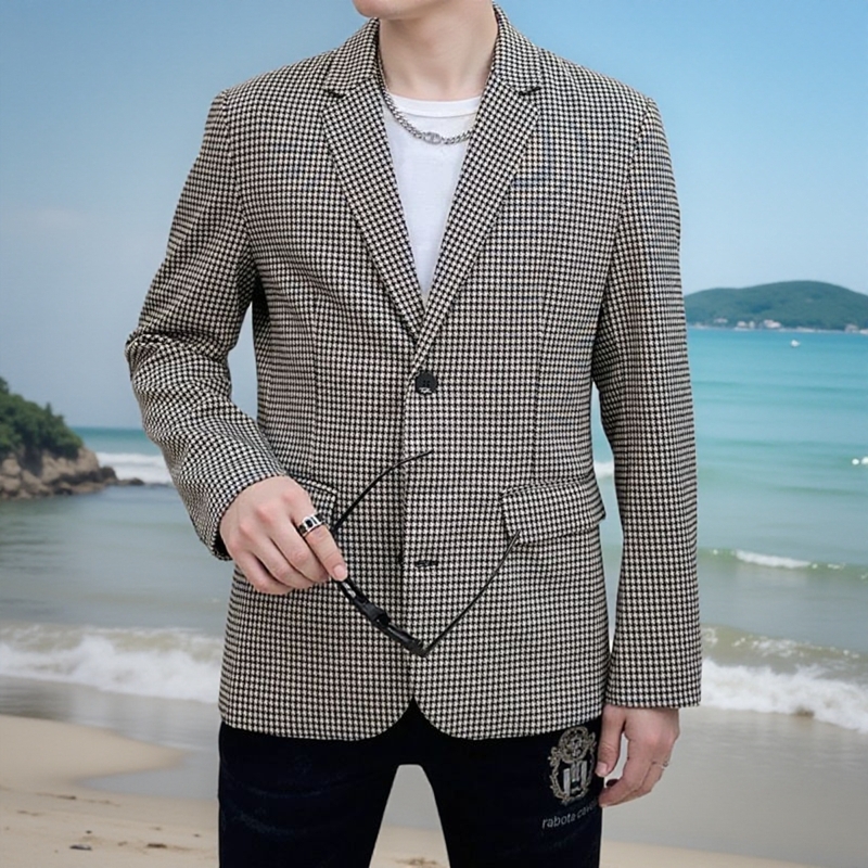 ZS潮牌男士千鸟格加厚西服外套韩版秋冬季高级感休闲修身格子西装