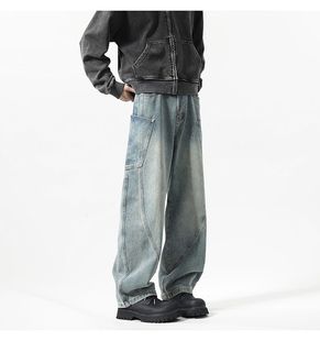 工装牛仔裤男款潮牌美式弯刀直筒裤子拉链长裤阔腿裤裤牛仔男微喇