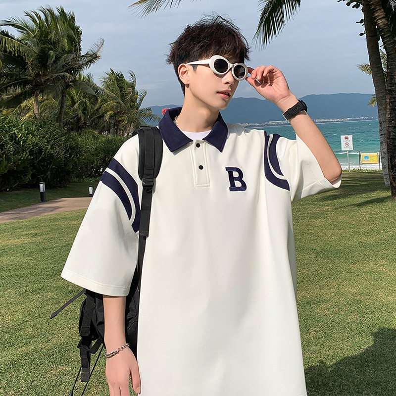 polo衫男士短袖夏季日系重磅t恤学院风青少年撞色宽松半袖体恤潮