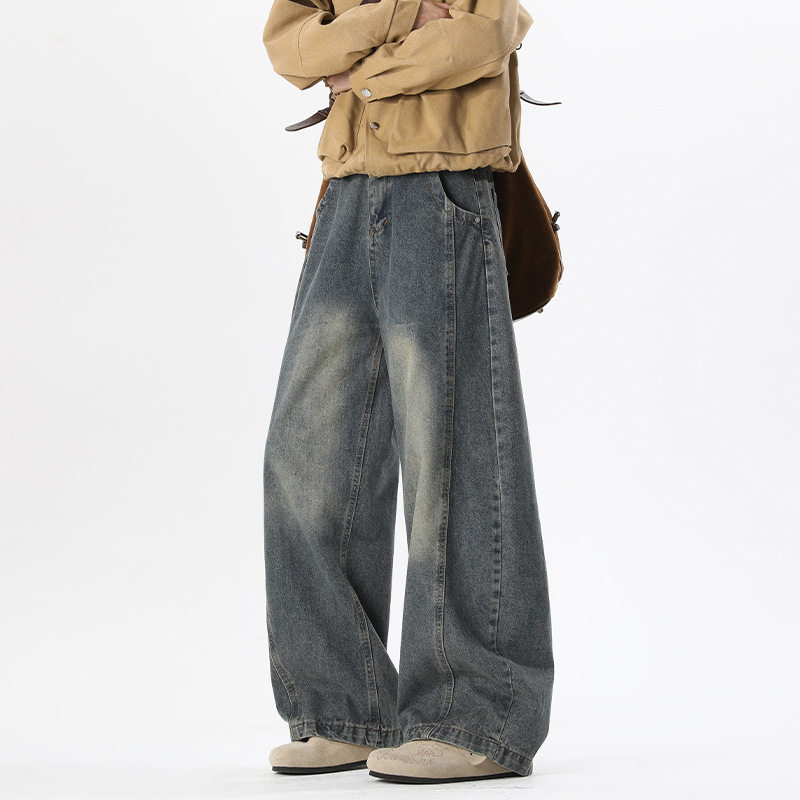 复古弯刀牛仔裤男春秋美式直筒宽松裤子痞帅潮牌弯刀阔腿休闲长裤