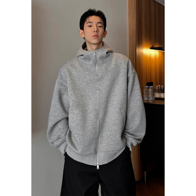400G重磅双拉链连帽卫衣男春秋潮牌美式cleanfit灰色外套宽松上衣