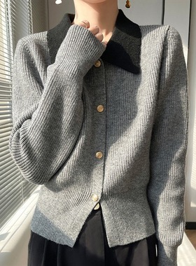 秋季法式娃娃领羊毛针织开衫女POLO领毛衣外套加厚上衣灰色粉色