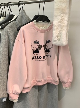【MISS密思家】拼蕾丝花边领植绒Kitty图案奥粒绒加厚卫衣B88770