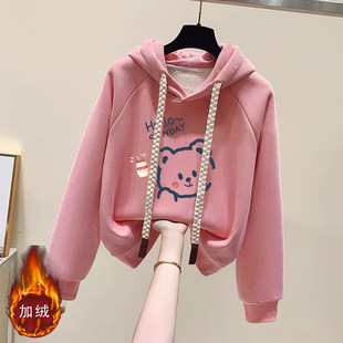 初中学生韩版卫衣2024新款女秋冬短款加绒加厚连帽学院风上衣外套