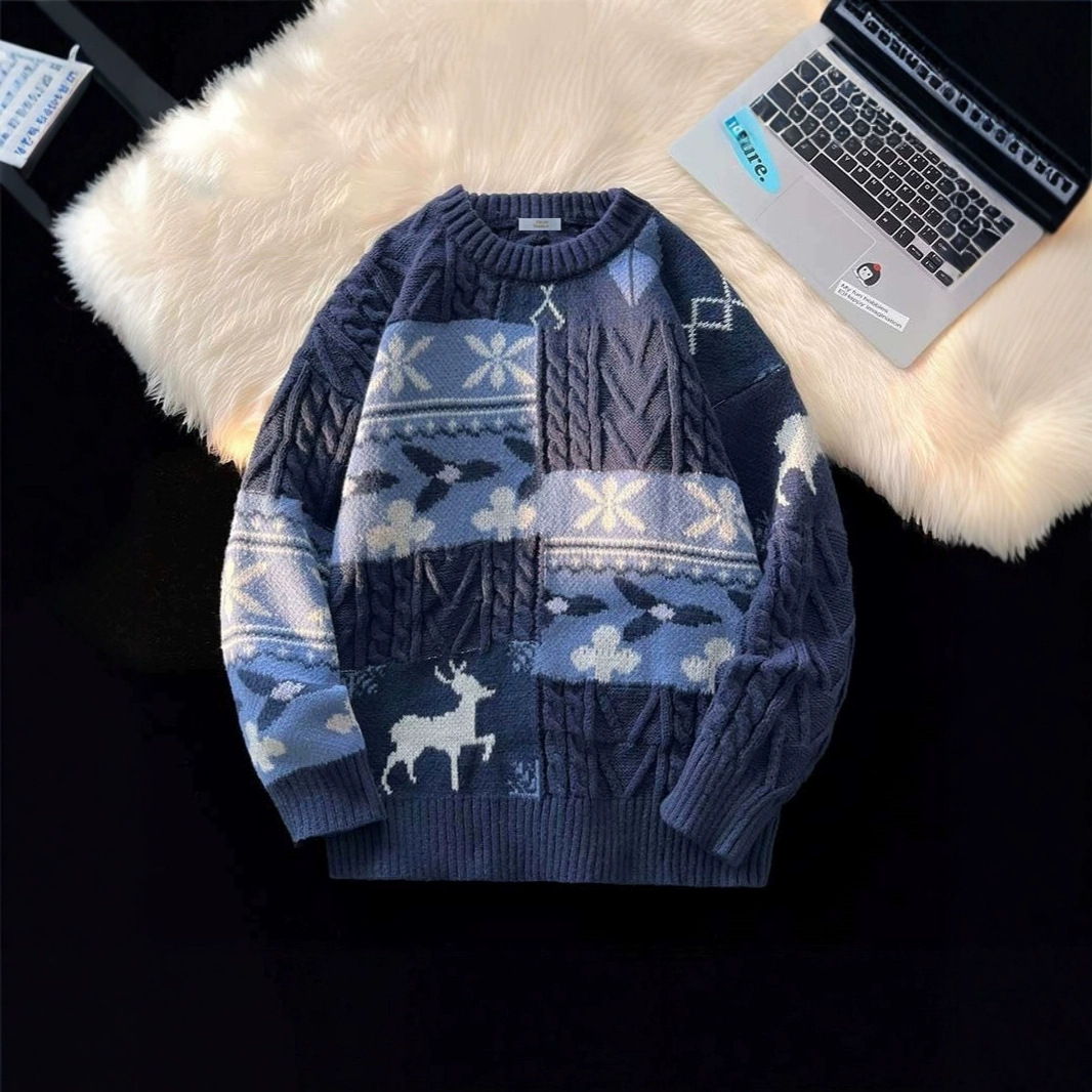 毛衣感男潮牌加厚外套秋冬款美式圣诞节复古日系慵懒针织衫潮