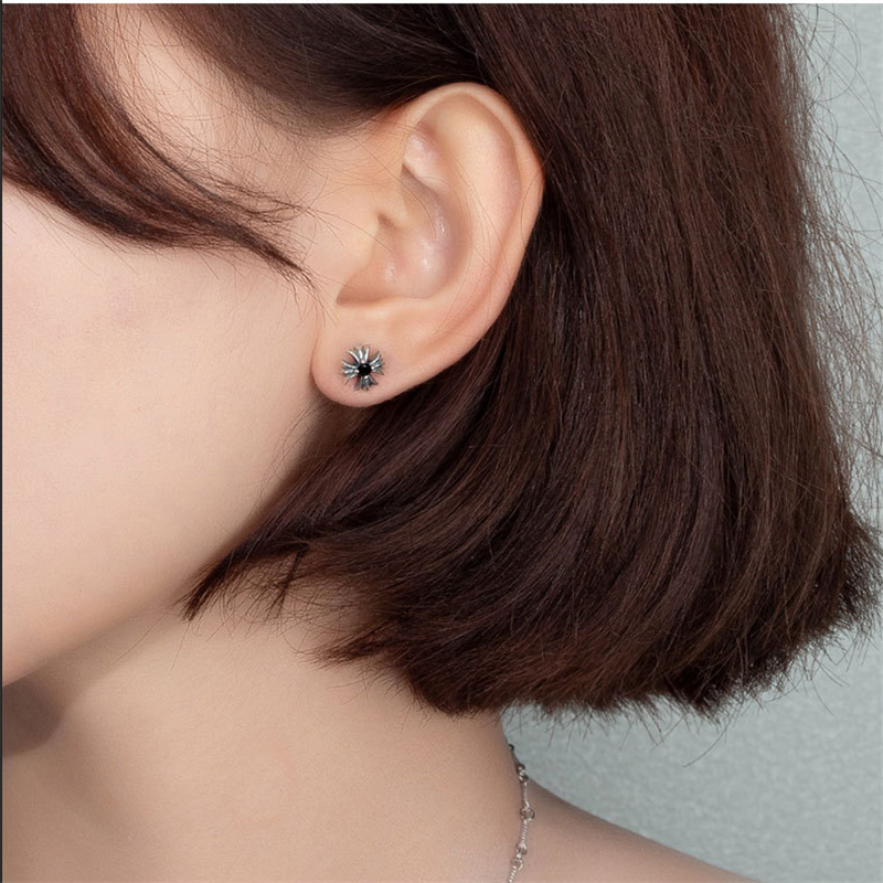 克罗潮牌男女款GD925纯银CH唐嫣同款黑钻十字架耳钉耳环耳坠耳饰