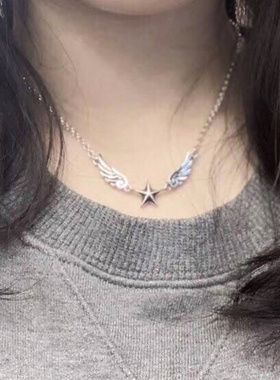潮牌锁骨项链925纯银心小天使吊坠五角星复古男女款鹿晗颈链