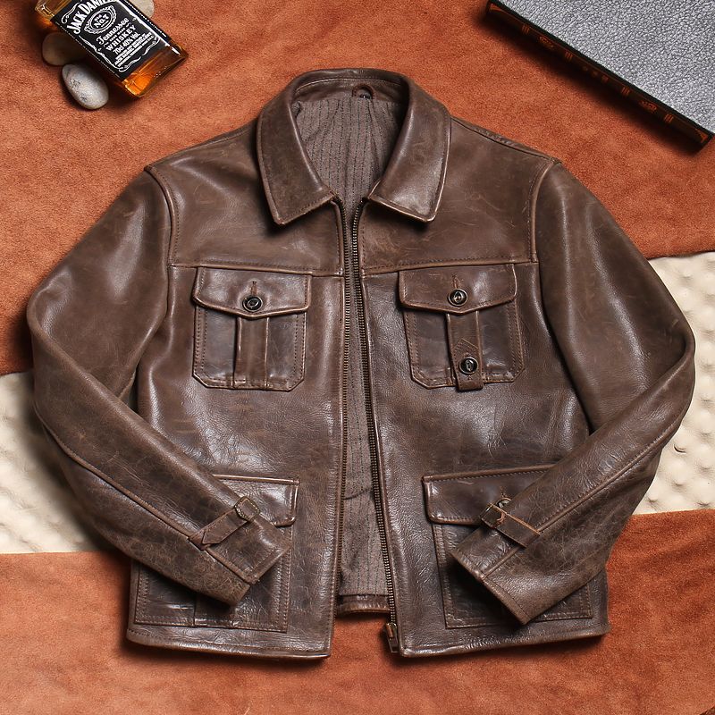 1.8mm进口头层牛皮皮衣无涂真皮皮夹克男款杰森斯坦森同款机车男