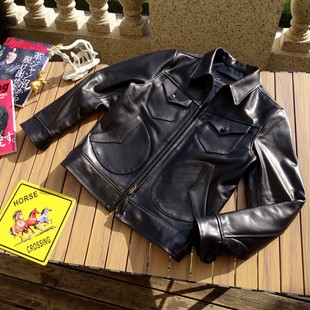 门多萨农场主马皮马皮复古翻领男士短款皮夹克水洗外套真皮皮衣