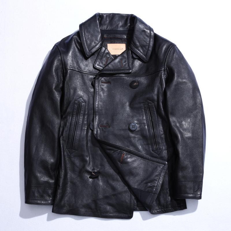 真皮皮衣男植鞣山羊皮中长款复古翻领风衣双排740大衣皮夹克外套