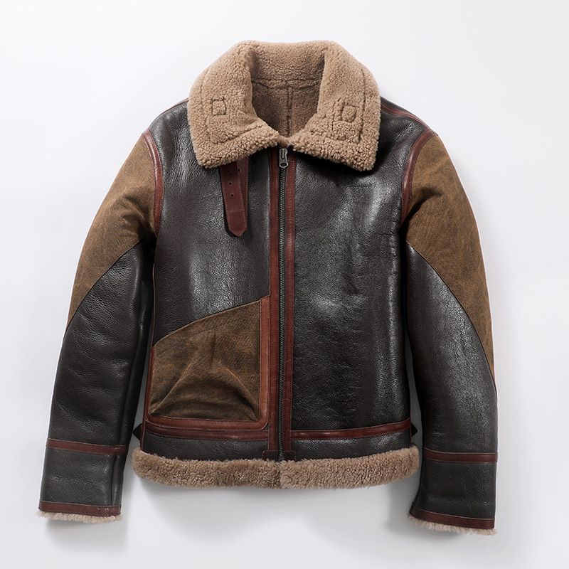 B3皮毛一体飞行员男皮夹克做旧水洗帆布配饰真皮皮草机车风外套