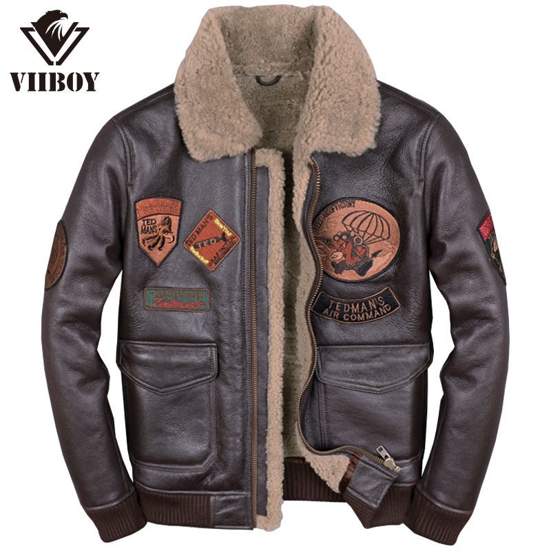 原生态皮毛一体男b3多标飞行服真皮皮衣机车绵羊皮夹克皮草厚外套