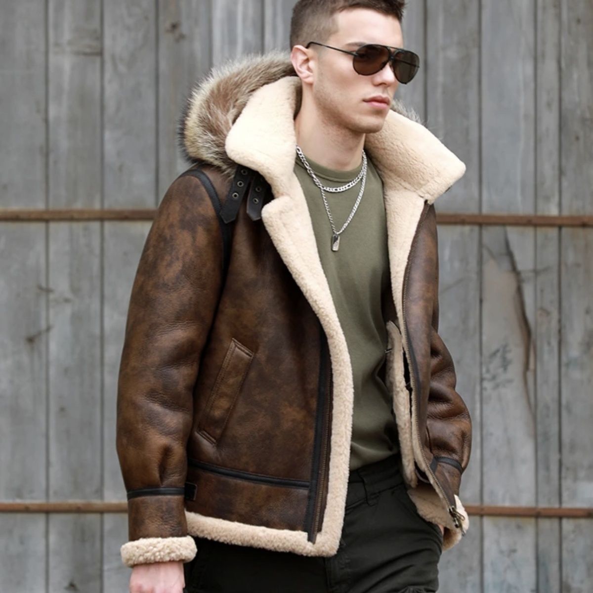 新连帽皮毛一体男冬厚皮草外套真皮真毛时尚B3棕色羊羔毛夹克连帽