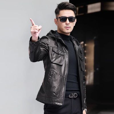海宁新款男士头层牛皮真皮皮衣短款休闲秋冬连帽青年皮夹克外套潮
