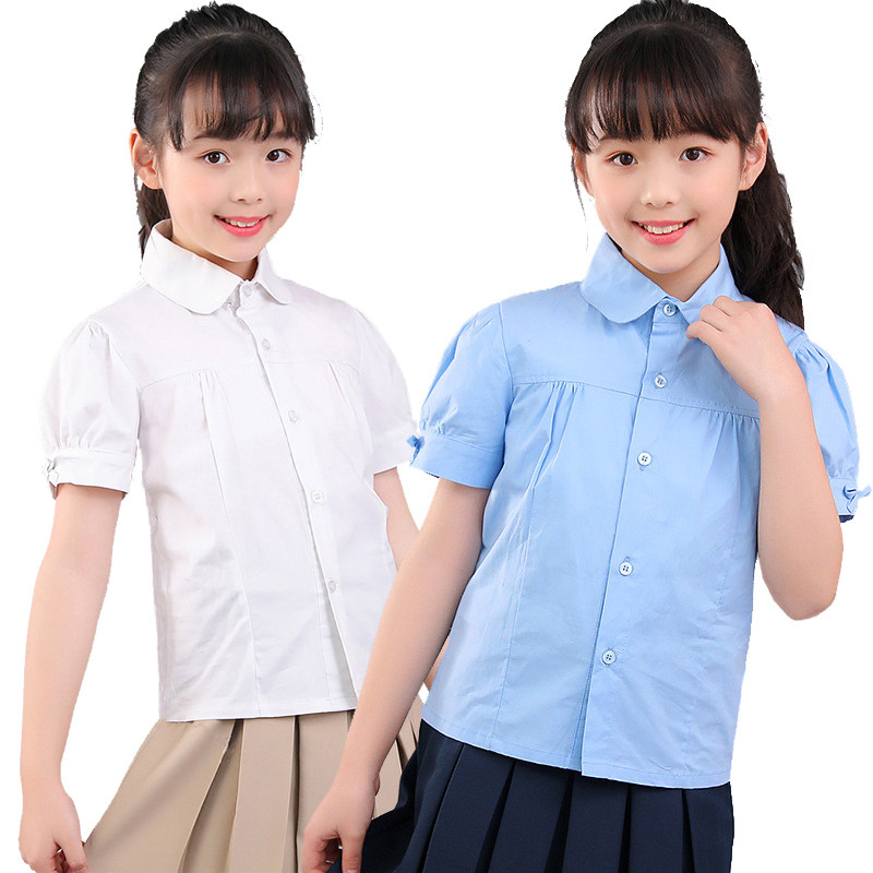 女童白色圆领衬衫短袖夏季女孩蝴蝶结袖口衬衣小学生纯棉校服上衣