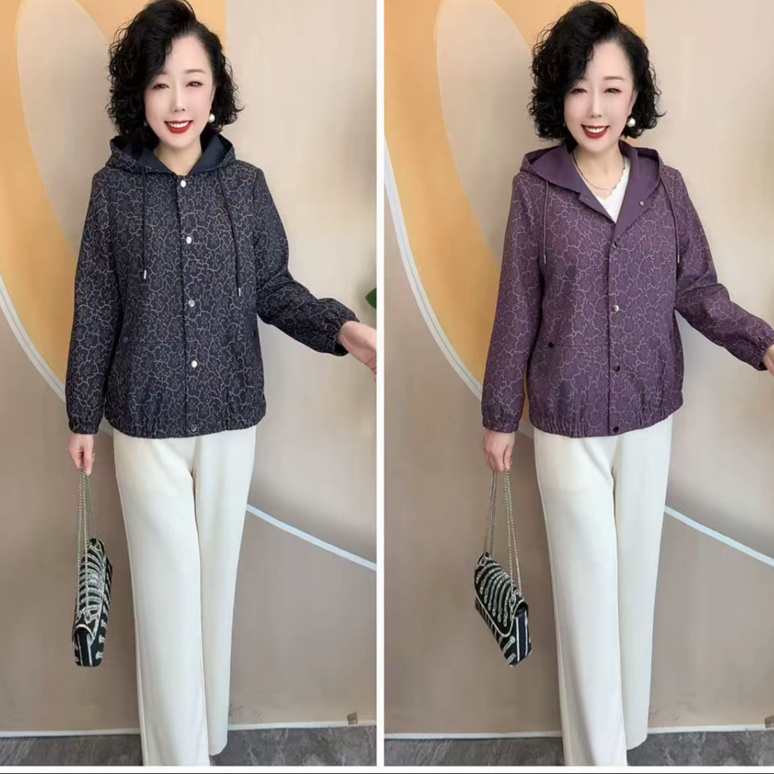 春秋季中老年妈妈装宽松显瘦印花短外套