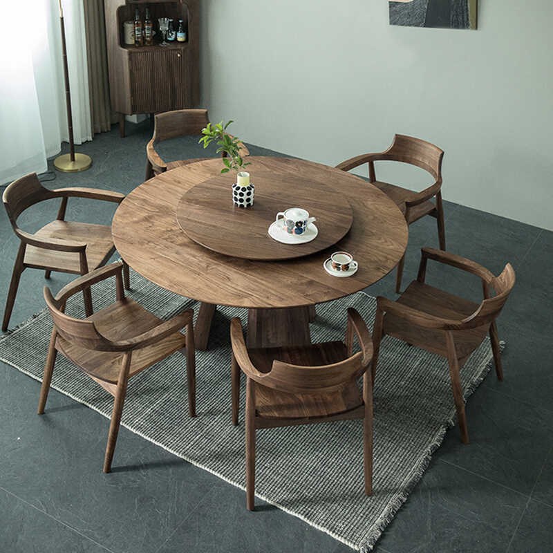 原木复古做旧实木餐桌别墅美式乡村圆桌带转盘洽谈桌咖啡桌圆形桌