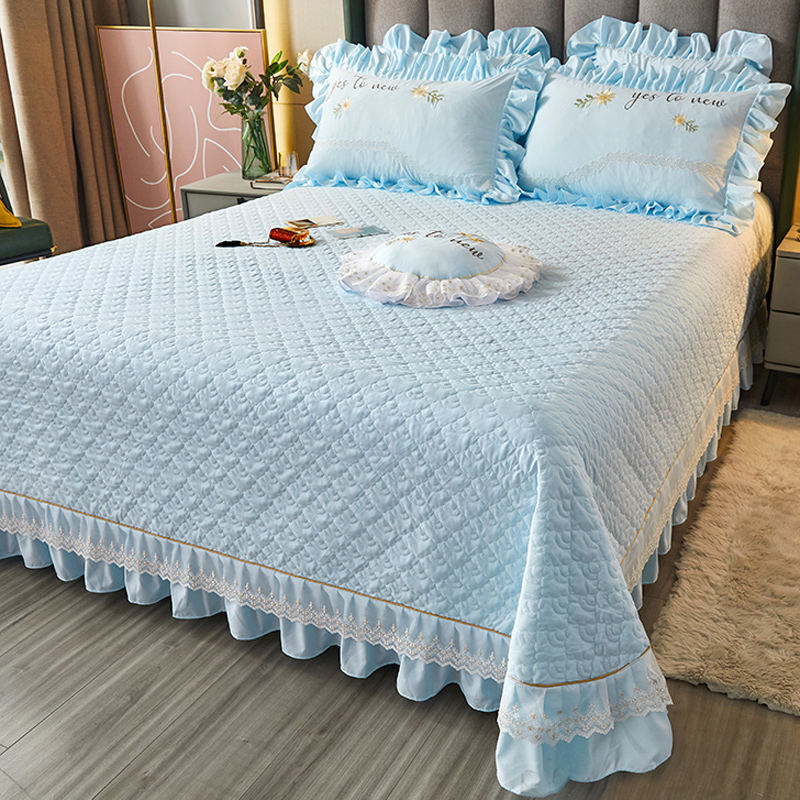 四季通用夹棉绗缝床盖单件荷叶边床单蕾丝花边三件套榻榻米公主风