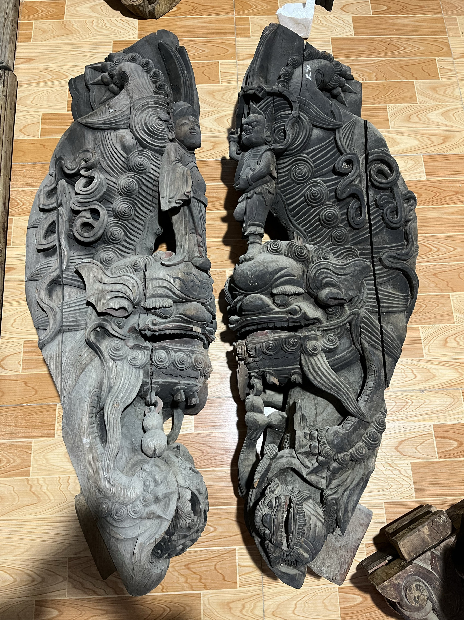 清代徽州老木雕狮子牛腿，魁星点斗，天官赐福，无修补