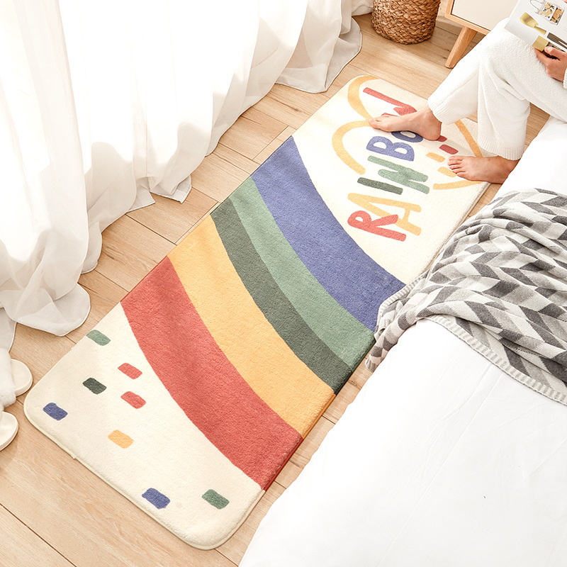 INS卡通彩虹长条地毯地垫家居沙发家用卧室床边羊羔绒防滑脚垫毯