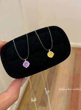 超闪紫黄色玫瑰切8mm锆石吊坠鱼线项链女小众轻奢精致花朵锁骨链