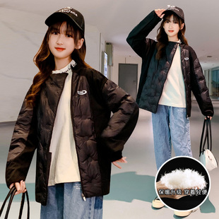 2024韩版女童冬装黑色泡芙格羽绒服中长款加厚连帽洋气保暖外套