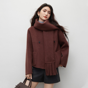 6653472 毛呢外套氛围感双面呢大衣 朗文斯汀LWEST 可拆围巾领短款