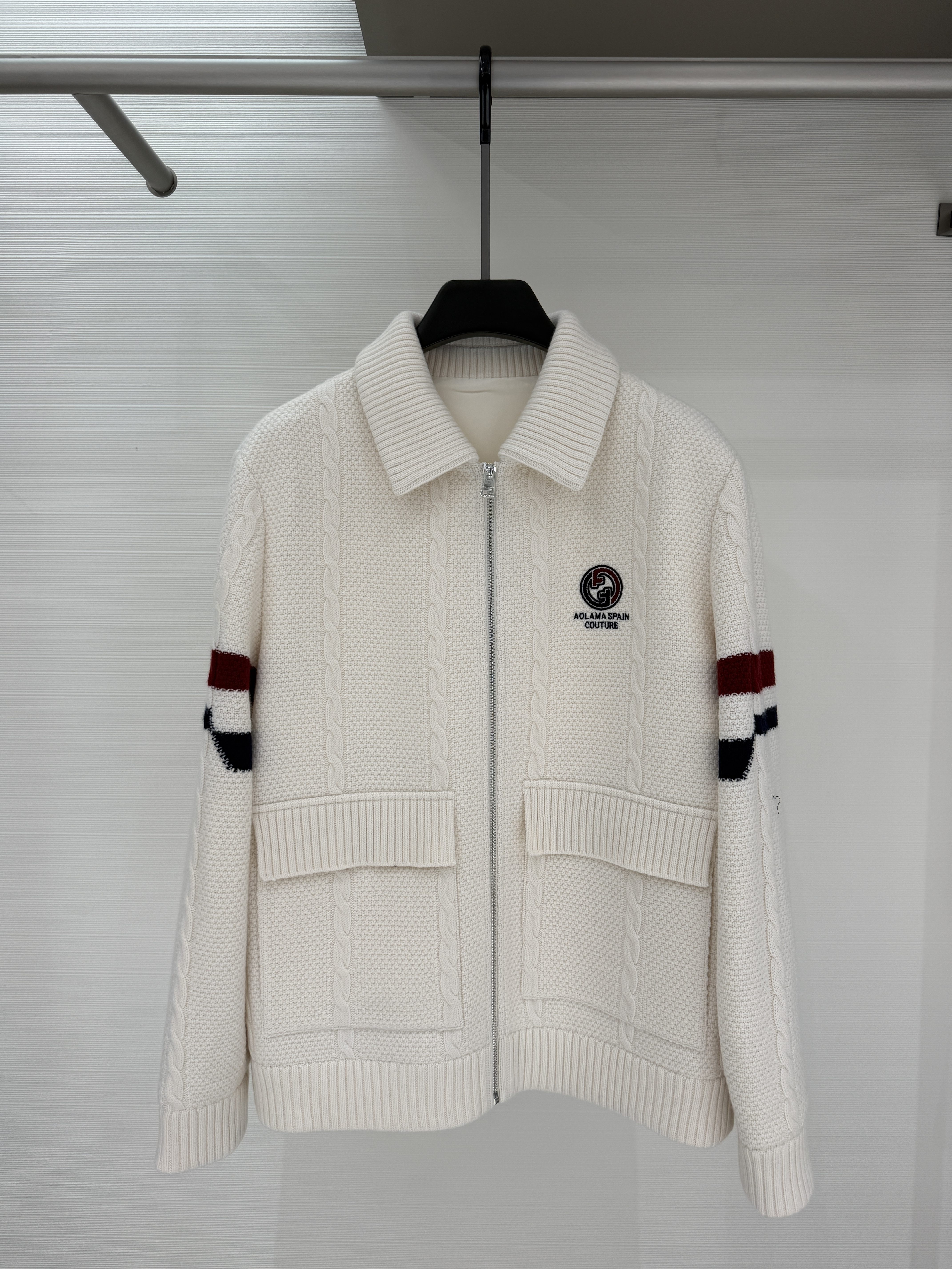 AOLAMA男装26秋冬新款针织休闲服字母刺绣翻领羊毛外套882263676