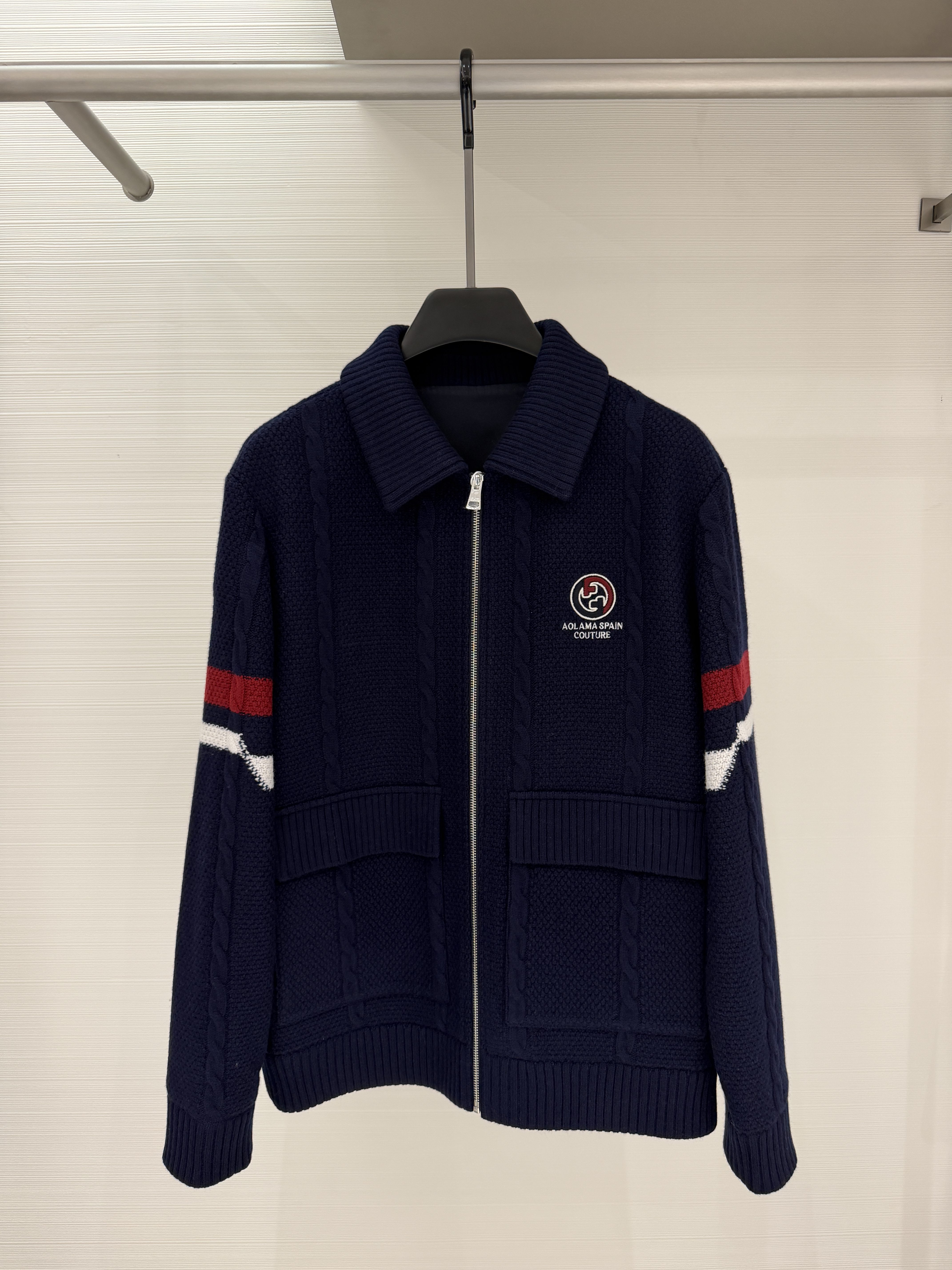 AOLAMA男装26秋冬新款针织休闲服字母刺绣翻领羊毛外套882263676