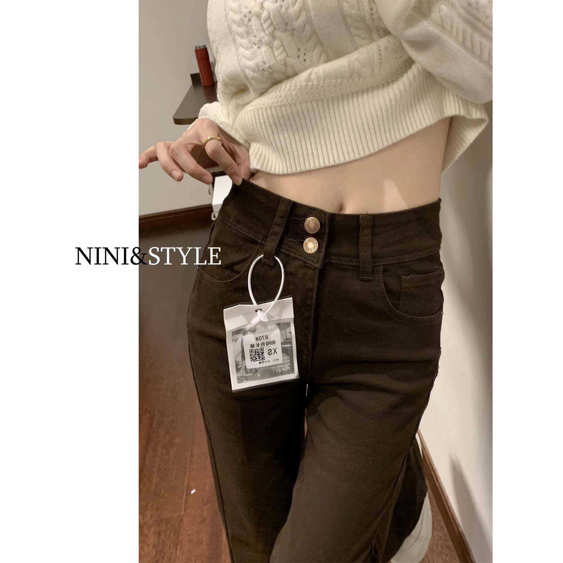 咖啡棕色加绒覆古微喇牛仔裤女2025秋冬新款高腰显瘦小个子喇叭裤