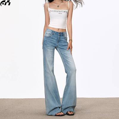 浅色低腰微喇牛仔裤女夏薄款2025新款美式弹力不贴腿小个子喇叭裤