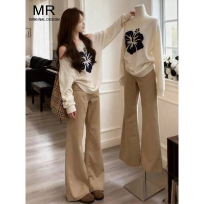 卡其色美式高腰微喇牛仔裤女冬季2025新款不贴腿显瘦拖地喇叭裤子