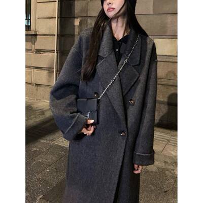黑灰色双面羊绒大衣女2024秋冬新款中长款高级感羊毛呢子韩系外套